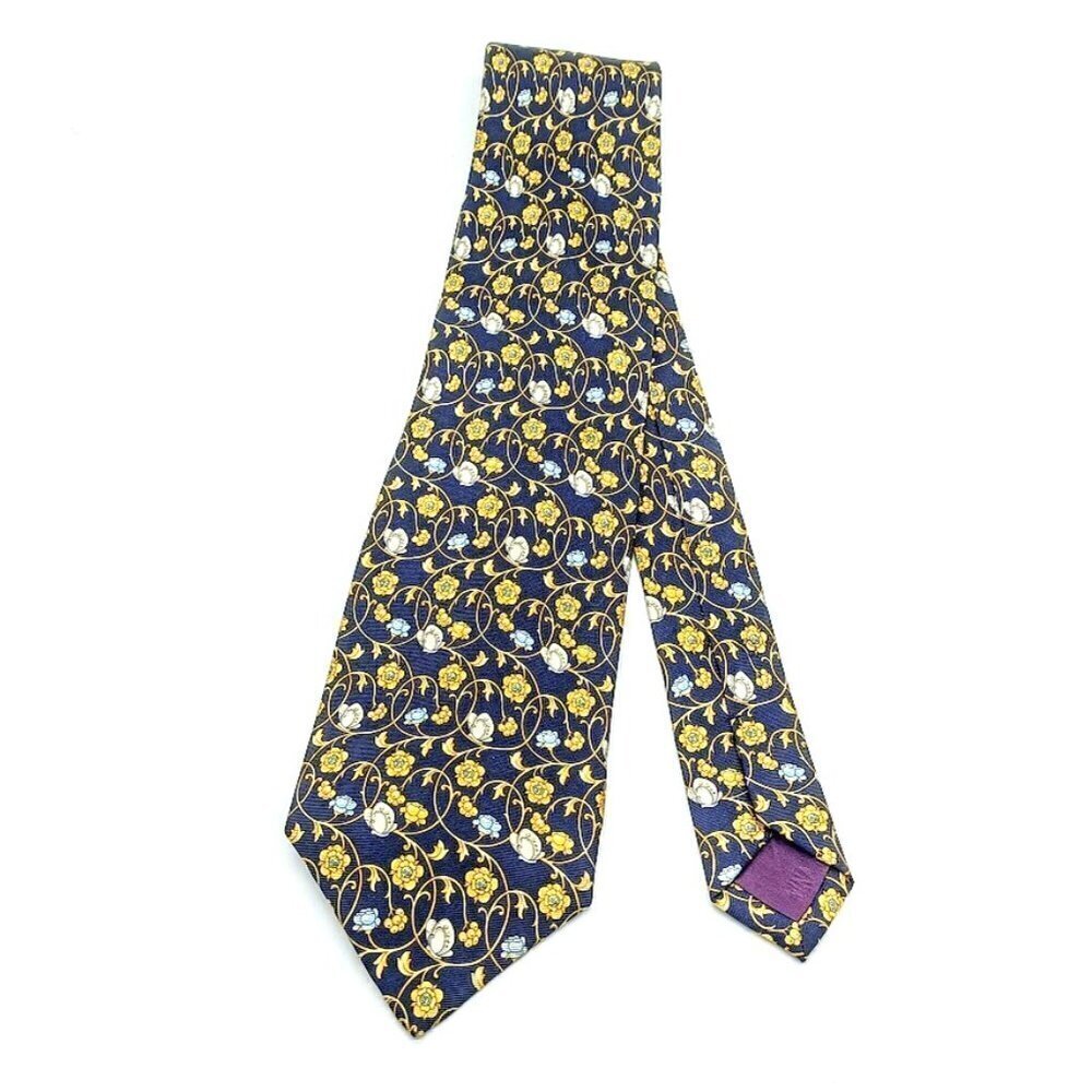 Handmade Nina Ricci Navy Blue Gold Floral Made in France Silk Tie